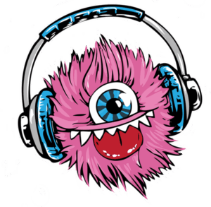Flauschiges pinkes einäugiges Monster mit heraushängender Zunge und blauen Kopfhörern